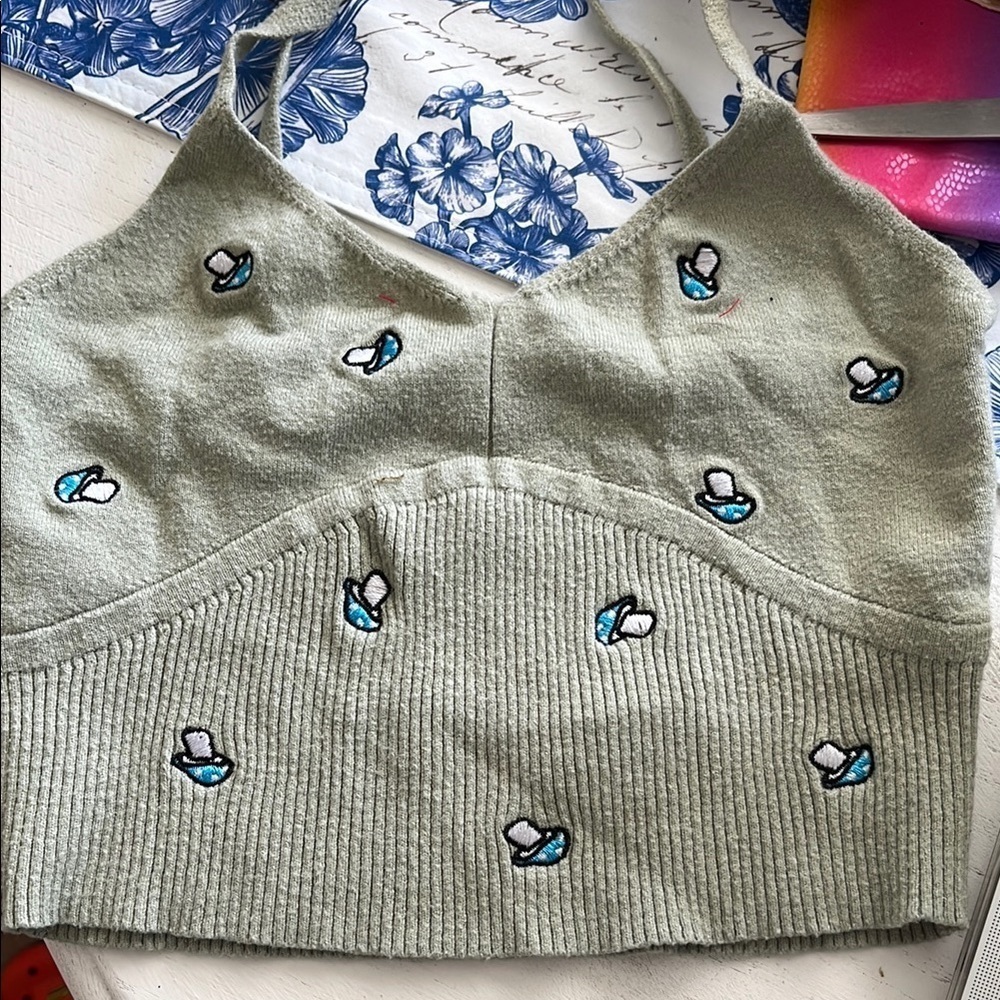 LA Hearts Pac Sun Green Crop Top with Embroidered Mushrooms Size S